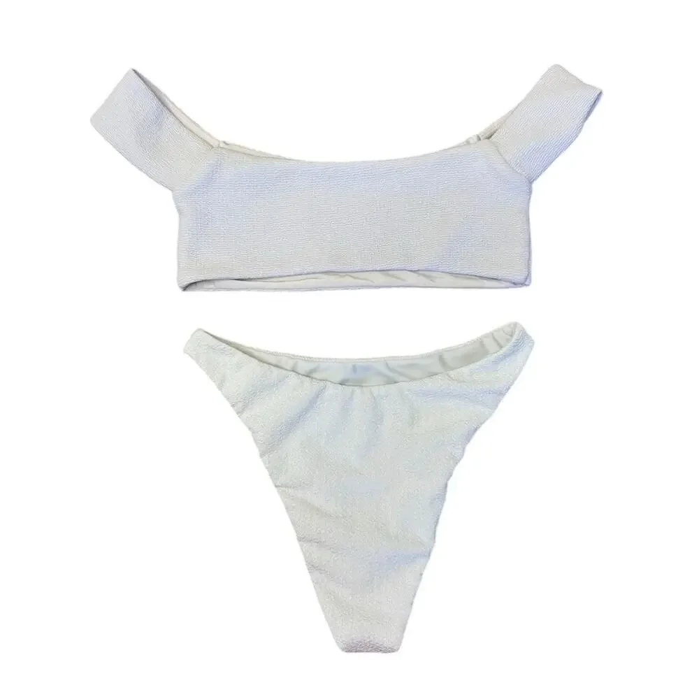 LOVERS + FRIENDS Tess Off The Shoulder High Waist Bottoms Textured Bikini Set S - Picture 3 of 9
